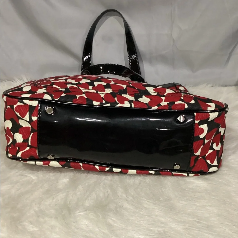 Tory Burch Red Hearts Canvas with Black Patent Leather Tote Shopper EUC